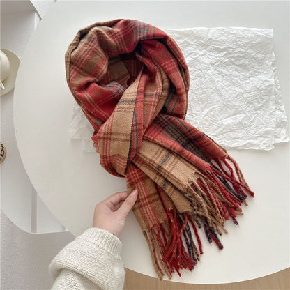 Color Block Plaid Fringe Scarf