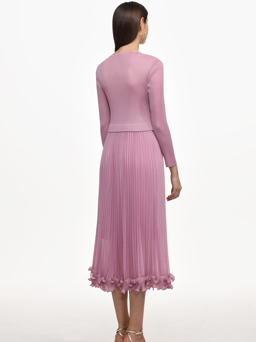 Imelda Flowy Long Sleeve Ruffle Pleated Knit Maxi Dress