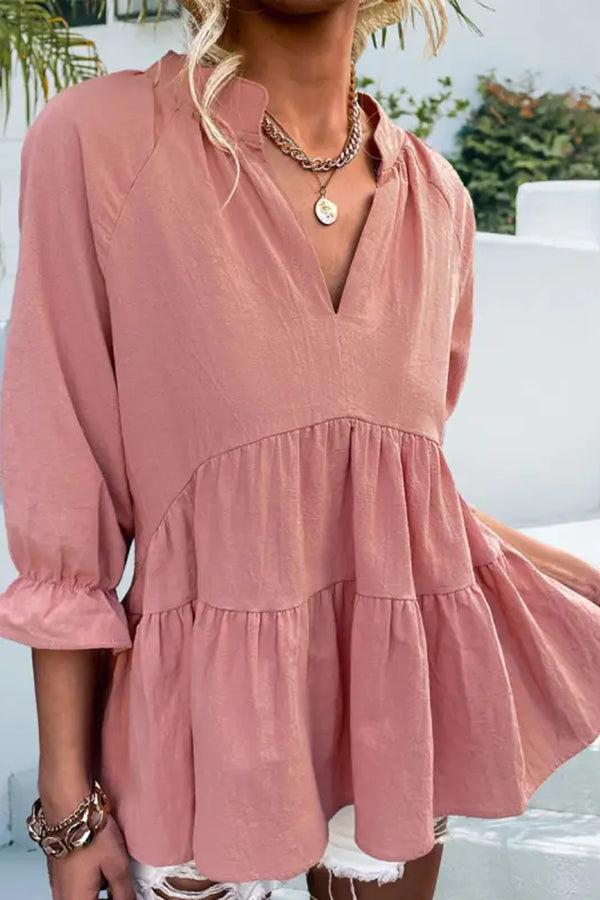 V-neck Casual Loose Solid Color Long-sleeved Blouse
