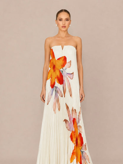 Mariana Printed Strapless Loose Maxi Dress with Elaborate Pleating