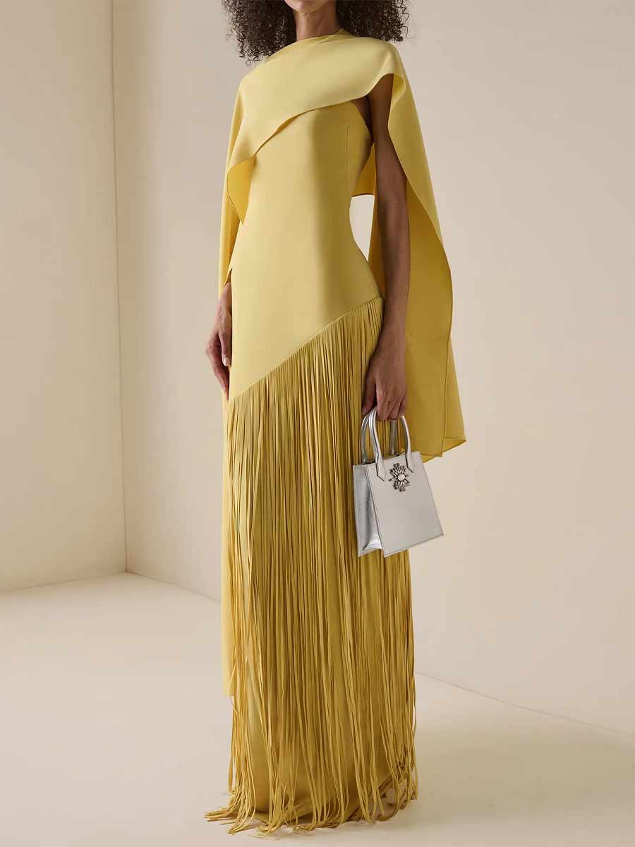 Ariana Solid Satin Tassel Maxi Dress With Cape