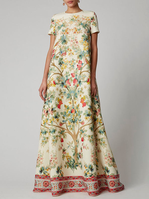 A-Line Loose Flower Print Round-Neck Maxi Dresses