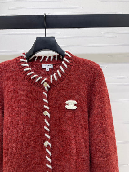 CC 26s Crochet-Trimmed Crew Neck Cardigan Red Knit 343631