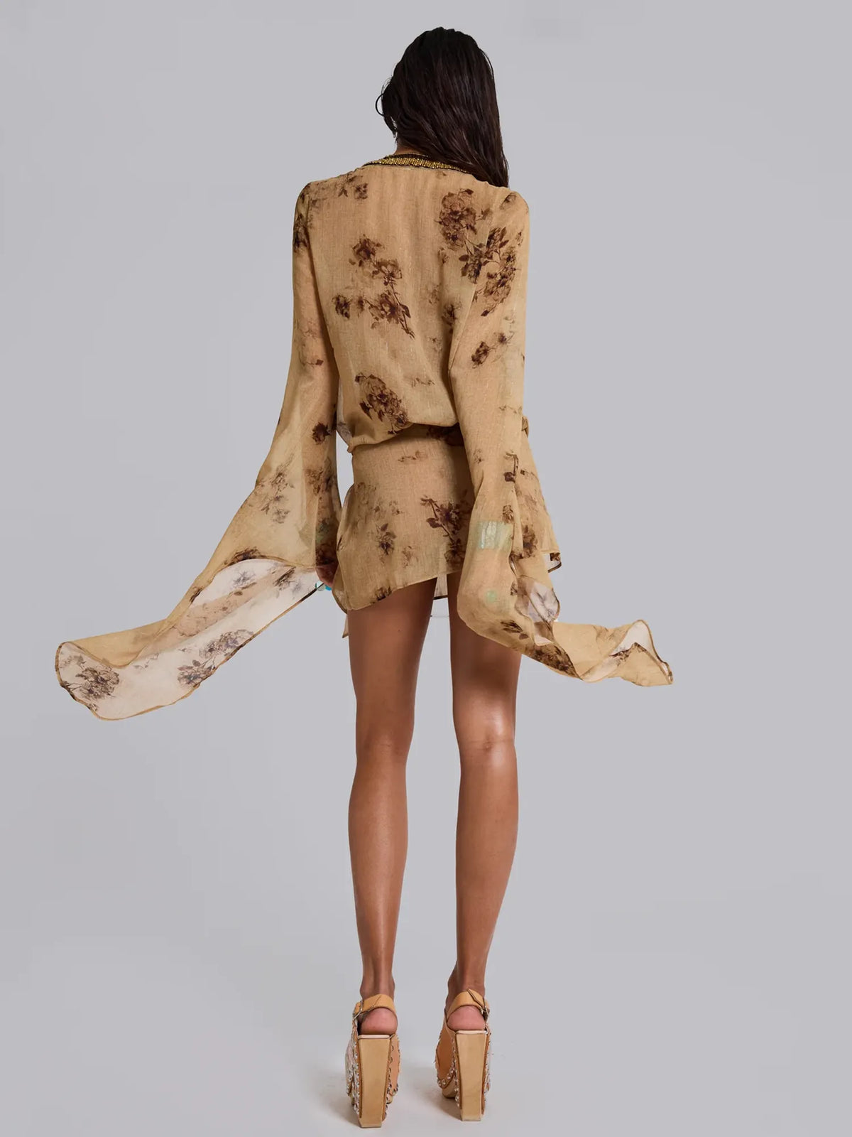 Sienna Floral Beaded Wrap Mini Dress in Khaki