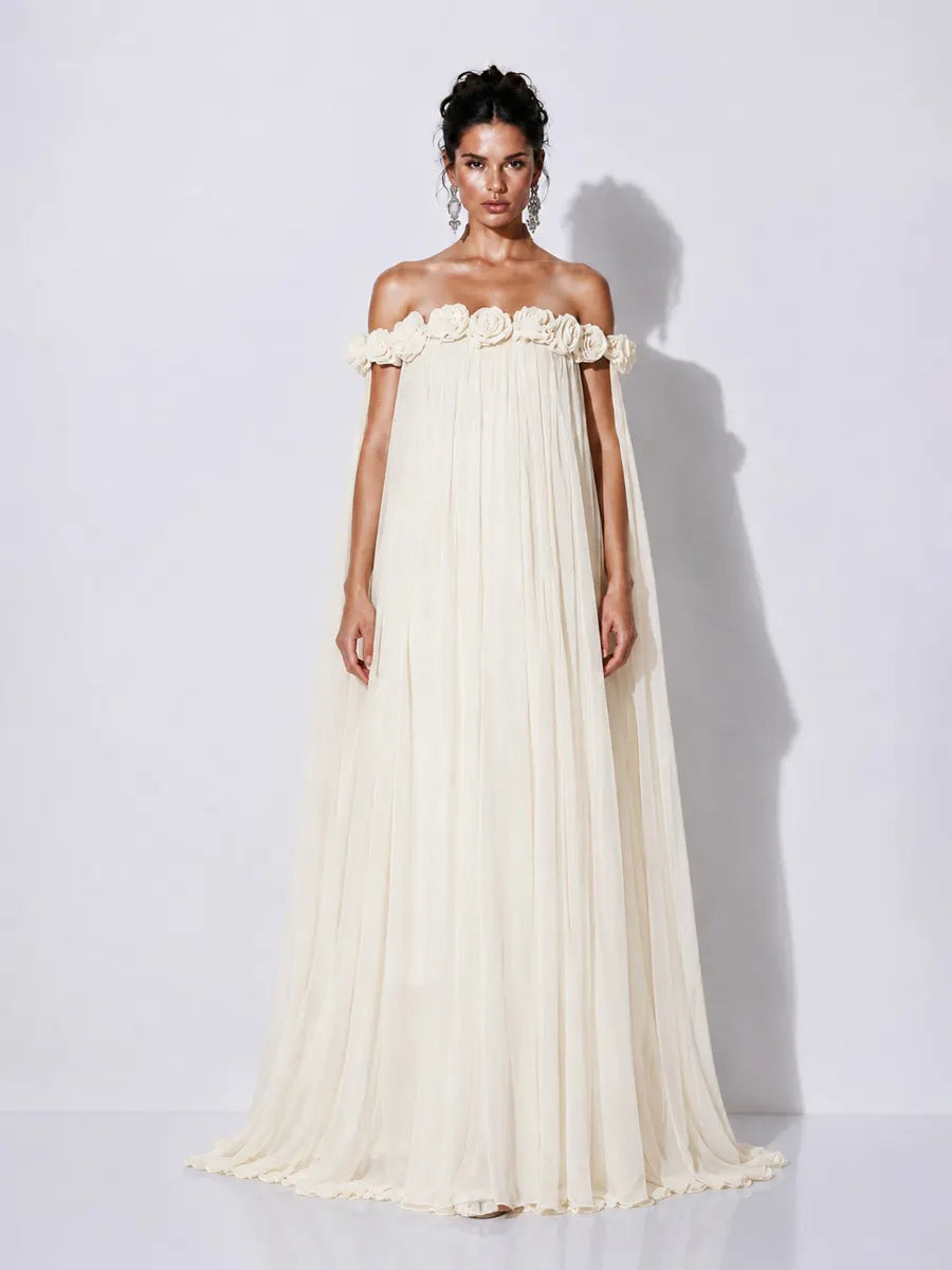 Grace 3D Floral Pleated Off-Shoulder Maxi Dress