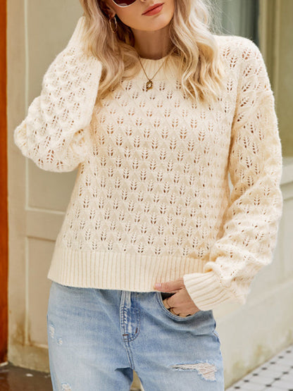 Long Sleeves Loose Hollow Solid Color Round-Neck Knitwear Pullovers Sweater Tops