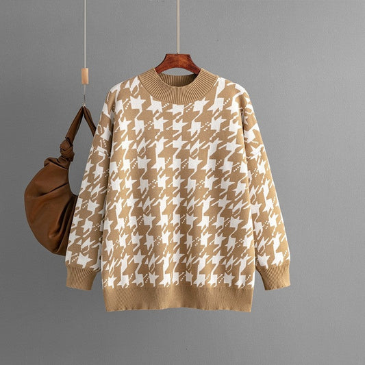 Houndstooth Crew Neck Loose Sweater