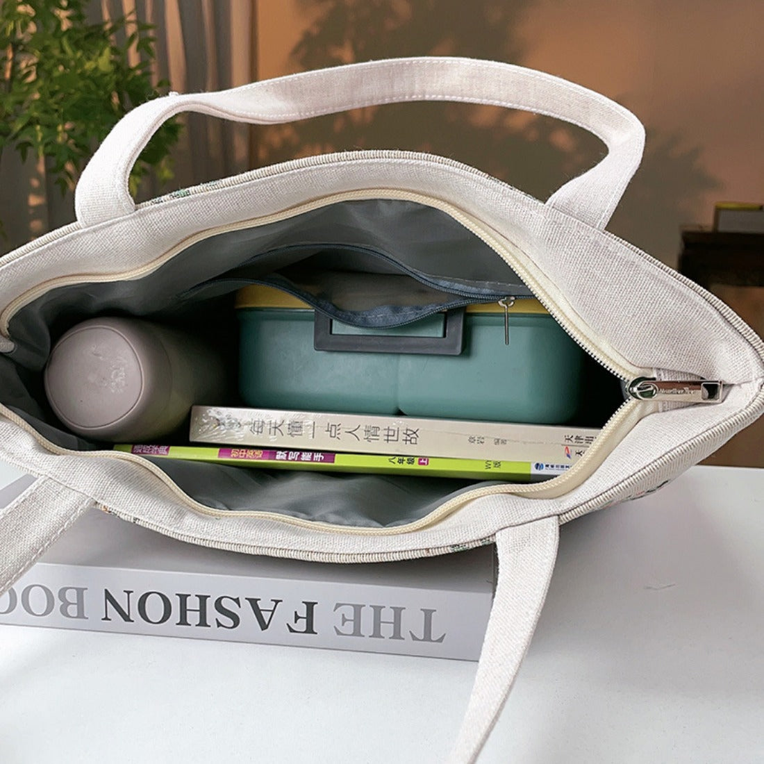 Cosbai - Flower-in-a-Bottle Embroidered Canvas Bag
