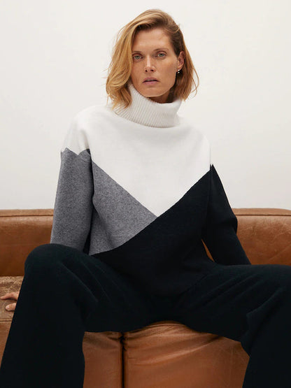 Original Loose Split-Joint Contrast Color High-Neck Long Sleeves Sweater Top