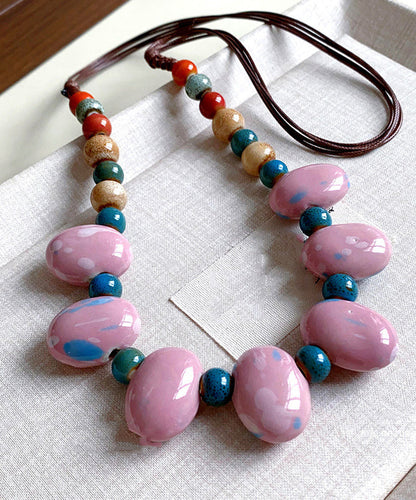 Art Pink Handmade Weaving Beading Ceramic Gratuated Bead Necklace