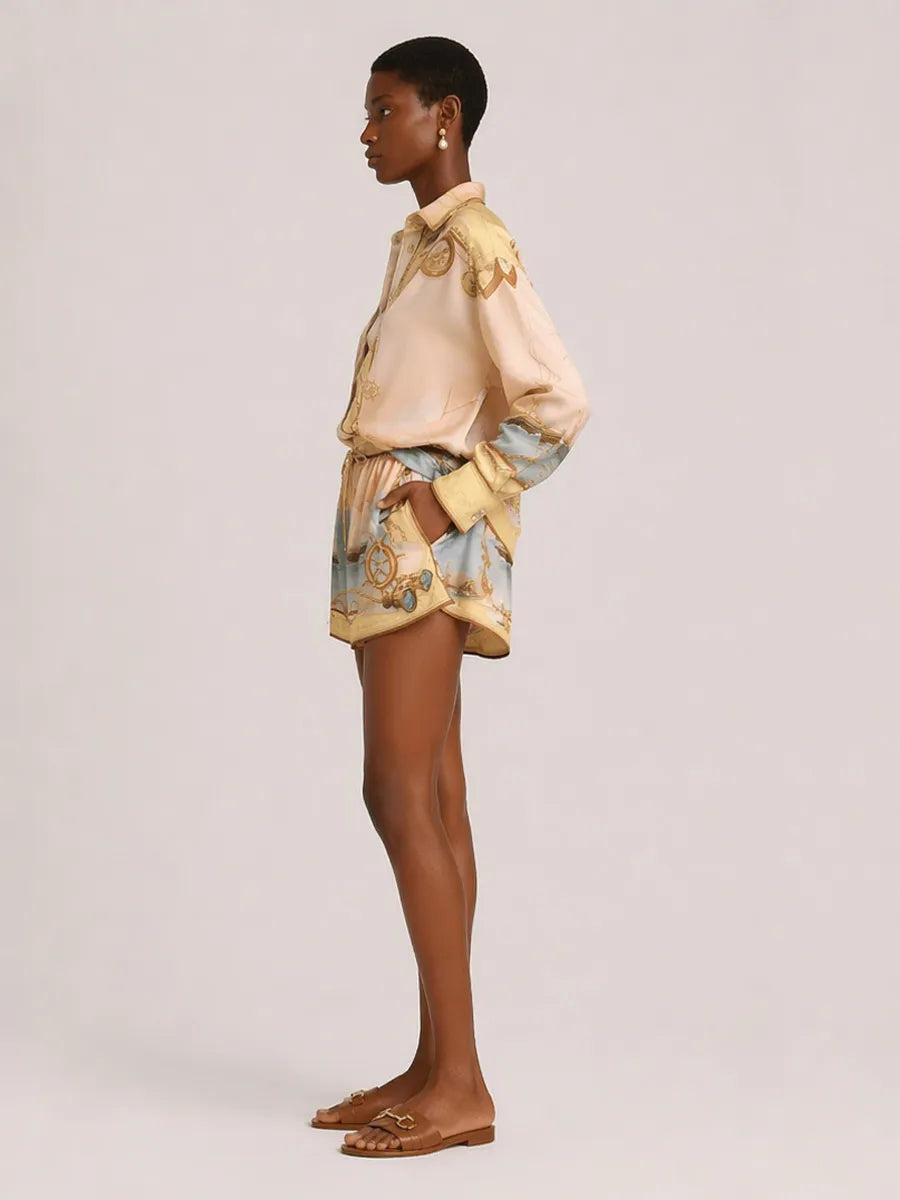 Rose Long-Sleeve Printed Shorts Set