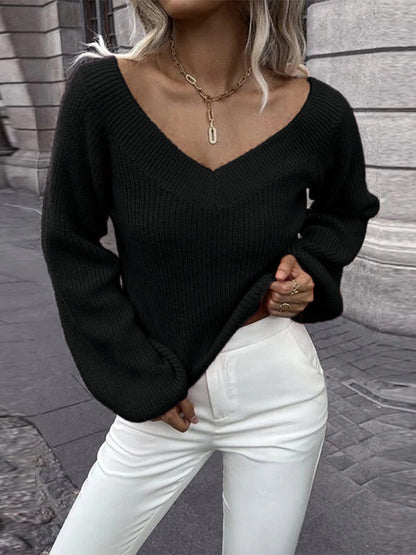 Casual Long Sleeves Loose Solid Color V-Neck Sweater Tops
