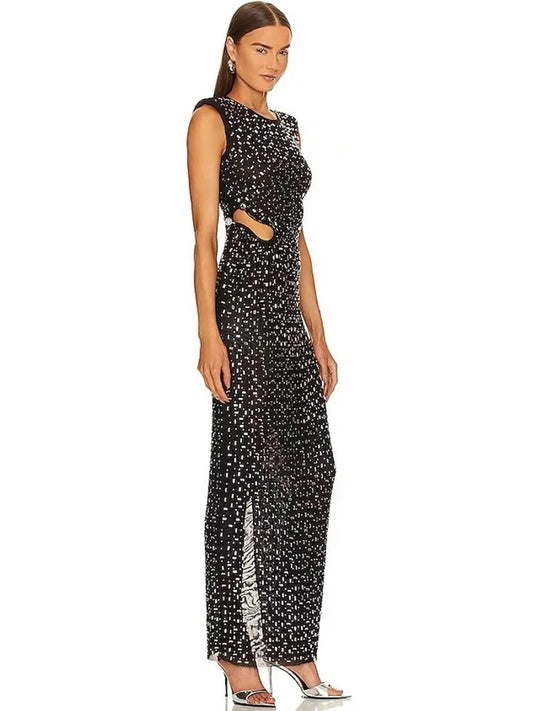 Milena Mesh Cutout Rhinestone Maxi Dress