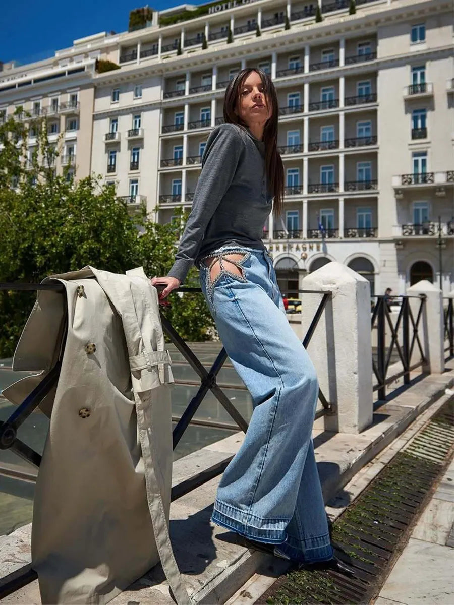 Nicolette Waist Cutout Rhinestone-Embellished Jeans