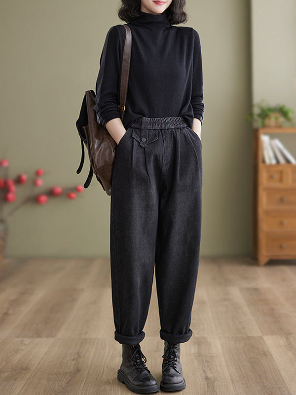 Casual Loose Velvet Elasticity Solid Color Harem Jean Pants Bottoms