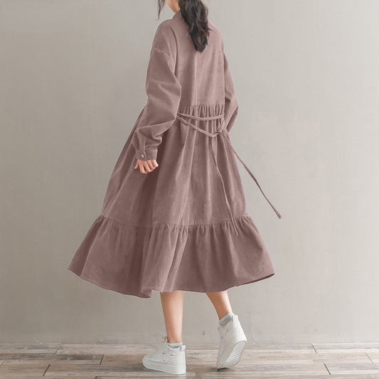 Vintage Corduroy Shirt  Dress Women Sundress  Spring Casual Long Sleeve Ruffle Vestidos Female Button Midi Robe