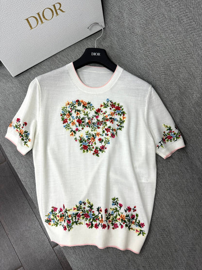 CD Dioramour Short-Sleeved Embroidered Sweater White Wool 349487