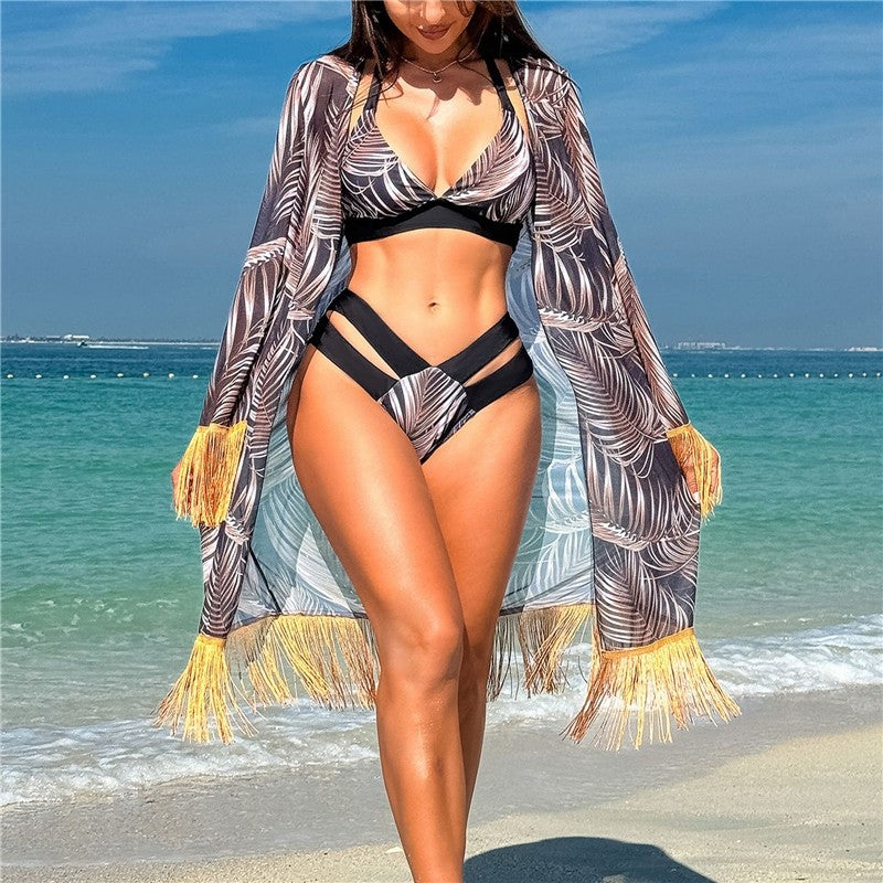 Three Piece Poncho Fringe Bikini Swimsuit