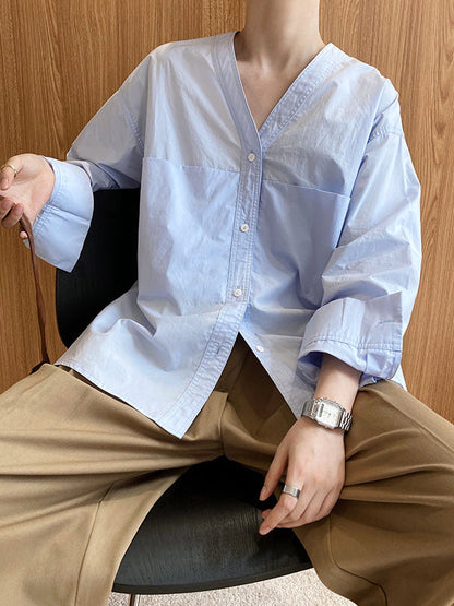 Long Sleeves Loose Buttoned Solid Color Split-Joint V-Neck Blouses&Shirts Tops