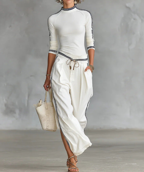 White Contrast Strip Trim Mock Neck 3/4 Sleeve Top