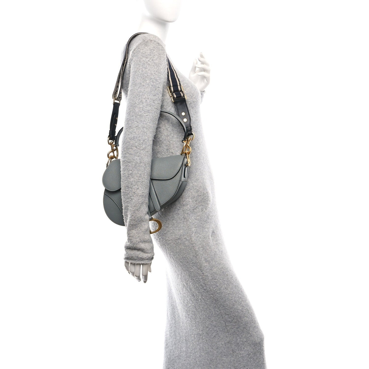 Grained Calfskin Saddle Bag With Strap Stone Grey