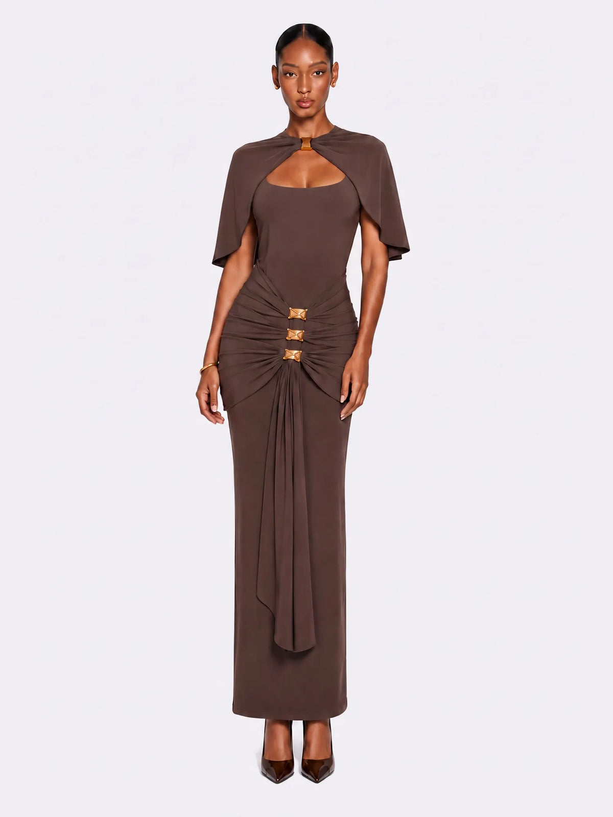 Audrey Draped Cape Ruched Maxi Dress