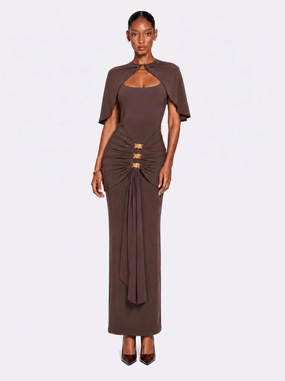 Audrey Draped Cape Ruched Maxi Dress