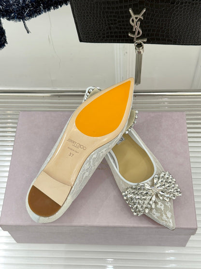 JC25WF Rhinestone Bow Pionted Toe Ballet Flat White Sheepskin 573534