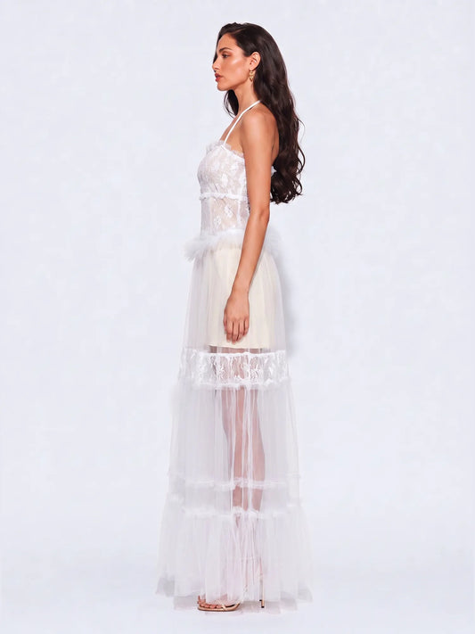 Jacinda Sheer Mesh and Lace Maxi Dress