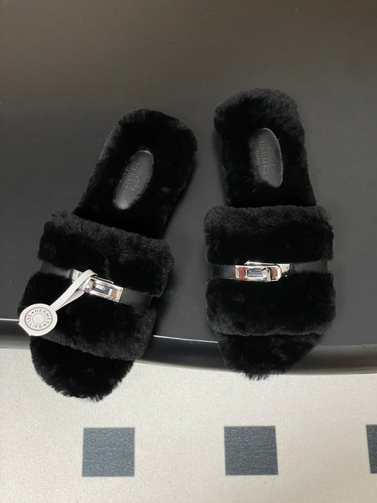 Hermes Giulia Kelly Buckle H-Slippers Black in Wool 594329