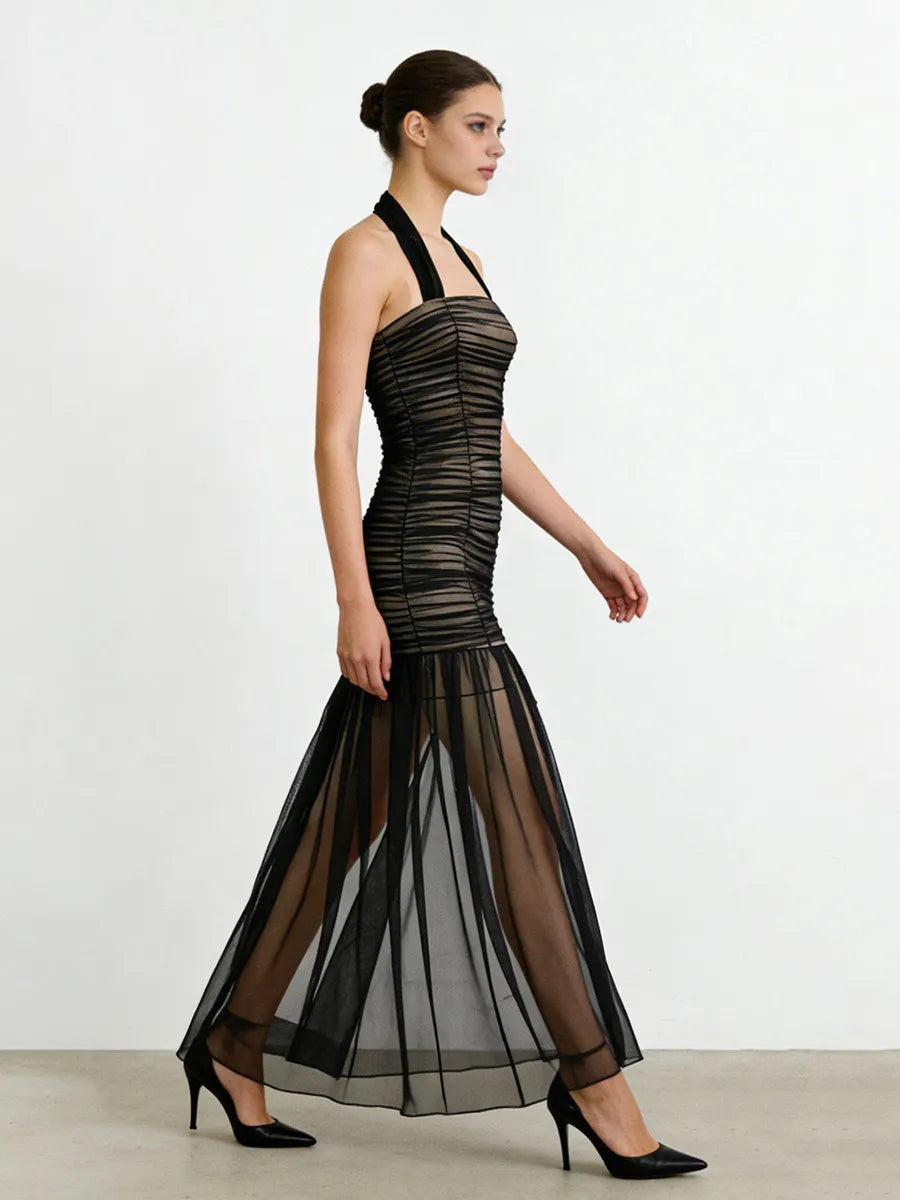 Audrey Sleeveless Pleated Mesh Maxi Dress