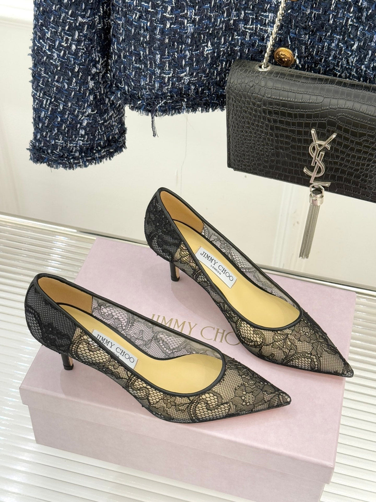 Jimmy Choo Classic Lace Pointed-Toe High Heels Black Sheepskin 573530