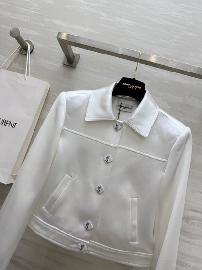 YSL 25 Short Jacket White Acetic Acid Cracked Fabric