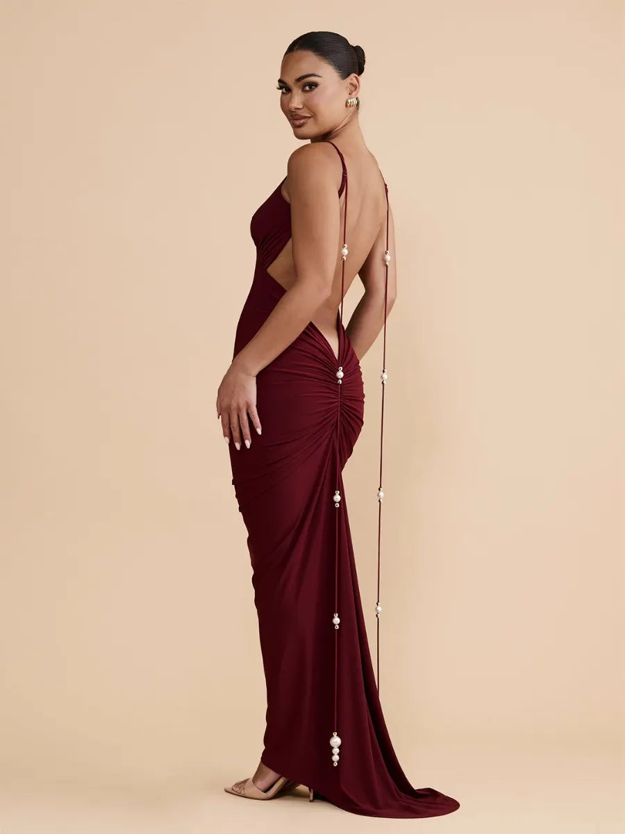 Rosalie Ruched Open Back Maxi Dress in Burgundy