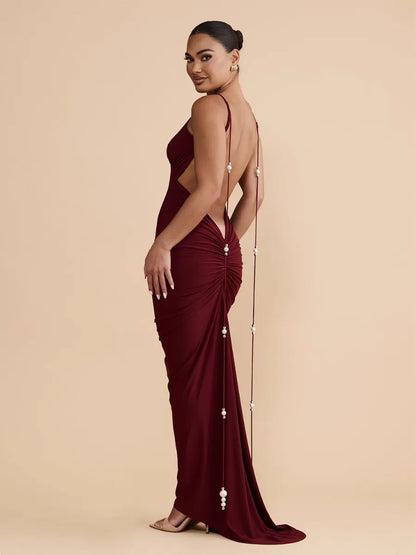 Rosalie Ruched Open Back Maxi Dress in Burgundy
