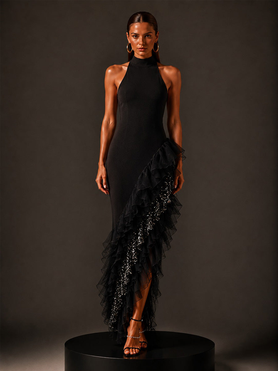 Valentina Asymmetrical Ruffled Hem Sequin Maxi Dress