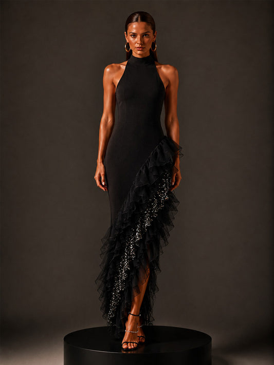 Valentina Asymmetrical Ruffled Hem Sequin Maxi Dress