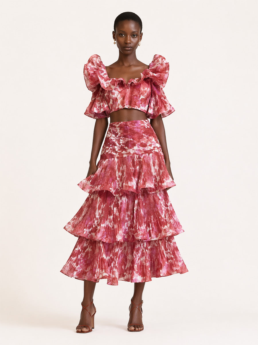 Willow Tiered Short-Sleeve Top & Long Skirt Two-Piece Set