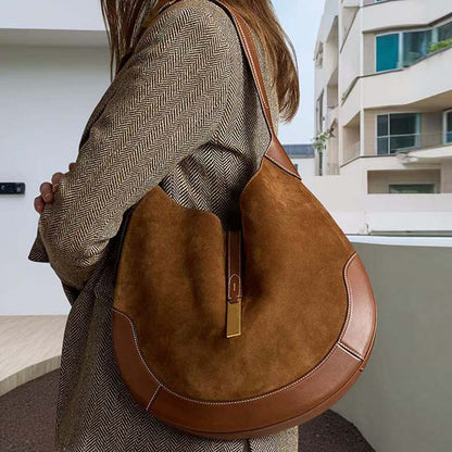 Trendy Suede Splicing Leather Tote Crescent Handbag