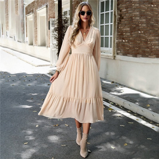 High Waist Solid Color V-Neck Dress