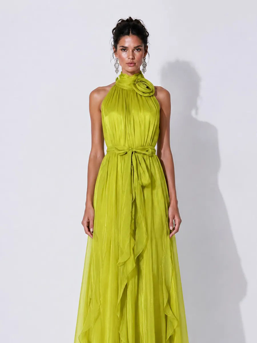 Elena 3D Floral Halter-Neck Pleated Maxi Dress