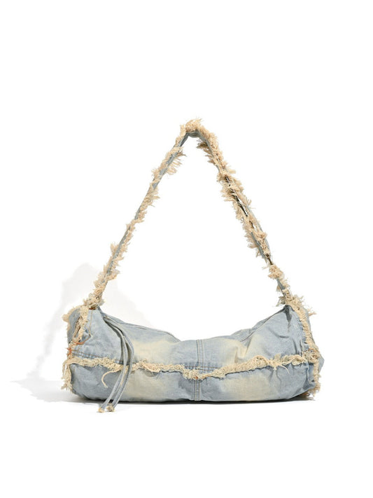 Cosbai - Large-capacity Washed Denim Bag with Shoulder Strap