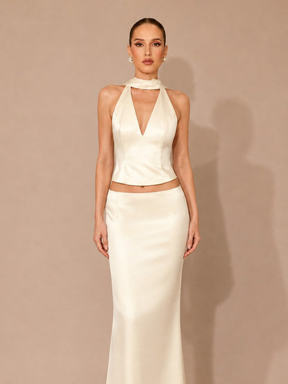 Kalista Satin Halter-Neck Open-Back Top + Maxi Skirt Set