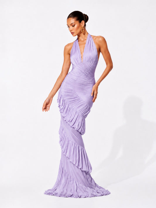 Marina Tiered Pleated Halter Maxi Dress