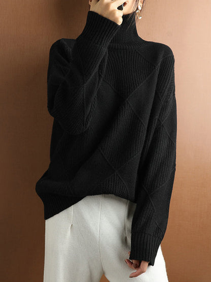 Loose Jacquard Solid Color High-Neck Sweater Tops