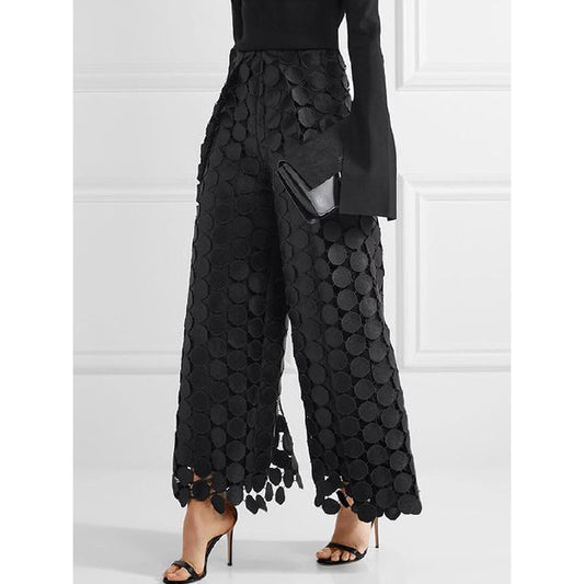 High Waisted Wide Leg Hollow Polka Dot Solid Color Pants Trousers