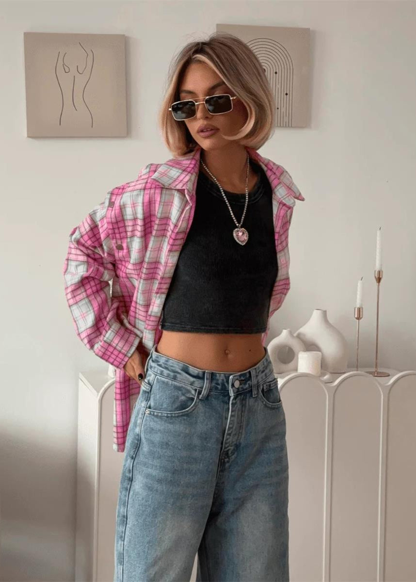 Oversized Pink Plaid Shirt Cotton Blend Soft Fabric
