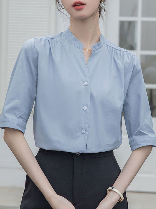 Half Sleeves Loose Buttoned Pleated Solid Color Split-Joint Stand Collar Blouses&Shirts Tops