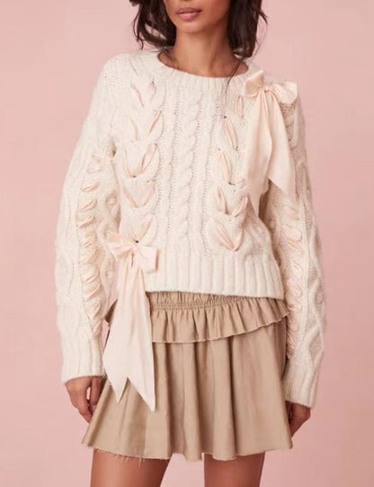 Bows Sweet Twist Round Neck Sweater