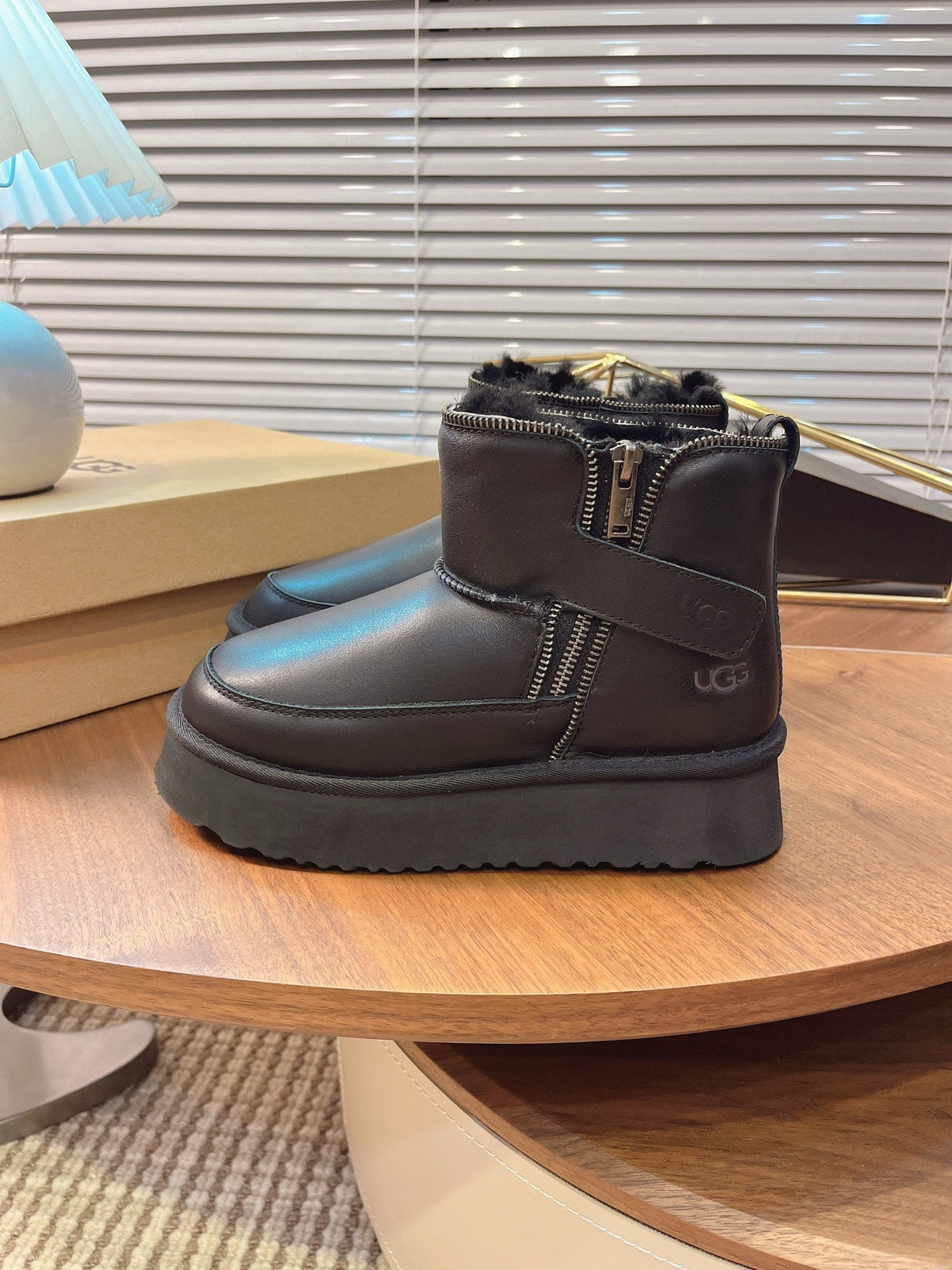 UGG Classic Rebel Biker Mini Boots Black Cowhide Fur